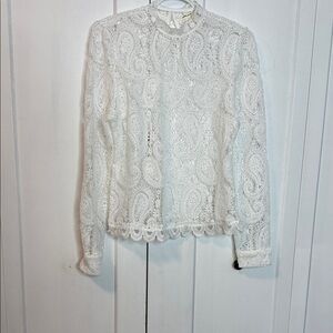 Ultra Pink | White Lace Sheer Long Sleeve Blouse - High Neck - Med - Paisley